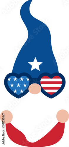 Cute Fourth of July gnome character with festive party glasses vector illustration.
Patriotic gnome with sunglasses for USA Independence Day holiday design. SVG