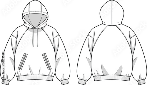 Hooded jacket technical fashion illustration front and back views, drawstring hood with zipper pockets design, casual outerwear apparel template isolated on white