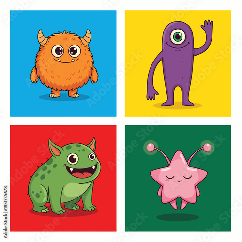 Cute monster gang posing together in simple geometric backgrounds