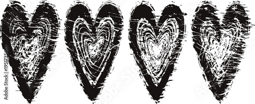 four distressed black grunge hearts rough textured love symbols on white background