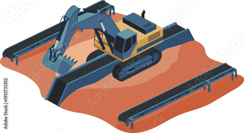 Isometric mining excavator machine illustration, heavy equipment digging soil, conveyor belts system, construction industry machinery industrial excavation concept