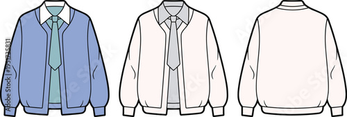 Men bomber jacket technical fashion illustration front and back views, layered outfit with shirt and tie, casual outerwear apparel template isolated on white