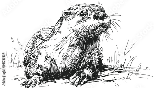 Detailed black and white line art illustration of a curious otter in natural habitat