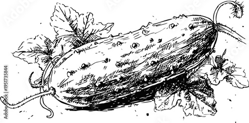 Hand drawn cucumber with leaves and tendrils vintage garden vegetable sketch in black ink illustration, isolated on white