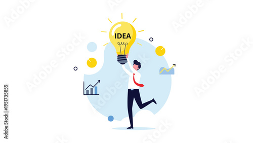 Energetic man holding a giant glowing lightbulb over his head with rising bar charts in the background, representing innovation.