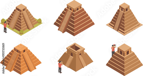 Isometric Mayan pyramid set with ancient temple architecture and tourists, historical landmark collection, Mexico civilization illustration for travel and education
