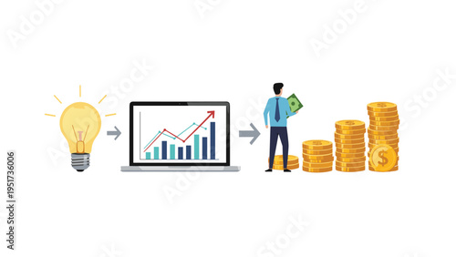 Process diagram showing an idea bulb, a laptop with growth charts, and a man standing next to multiple stacks of gold coins.