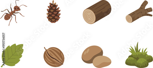 Isometric nature elements set with ant, pinecone, wood logs, leaves, nuts and moss, forest ecosystem illustration collection design