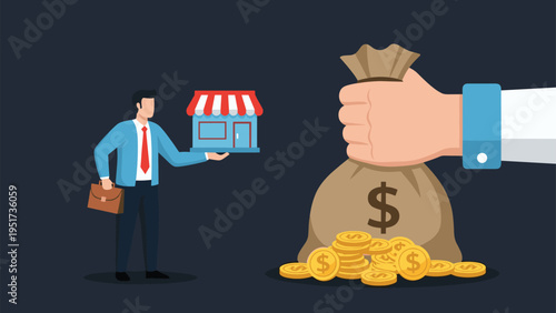 Small business owner being offered a massive sack of gold coins and cash by a large hand representing a major acquisition or investment.