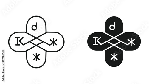 Line art and filled icon set of a stylized cross symbol with letters 'K' and 'd' and asterisks