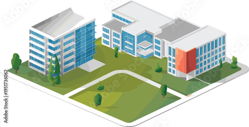 Isometric modern office building complex illustration, corporate campus architecture with green landscape, business center exterior urban real estate concept