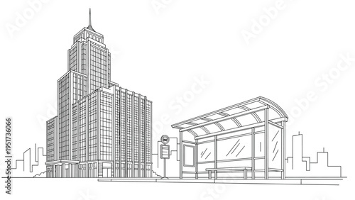 black and white architectural sketch of a tall modern skyscraper standing next to a city bus stop with a distant skyline in line art.