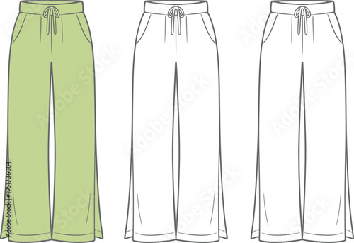 Wide leg pants technical fashion illustration front and back views, drawstring waistband design, relaxed fit casual apparel template, minimalist clothing mockup isolated on white