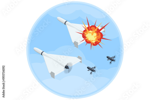 Isometric air combat interceptor drone formation, delta wing target aircraft, object hit by explosion. Aerial defense, unmanned interception, military technology, attack prevention, security response