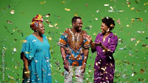 Three people celebrate in falling confetti on green backdrop. Suitable for festive event promotions, party invitations, or joyous announcements.