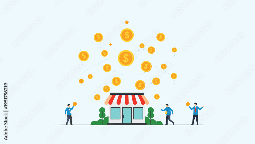 Naklejka premium Small retail shop building surrounded by falling golden dollar coins representing high sales revenue and business profitability.