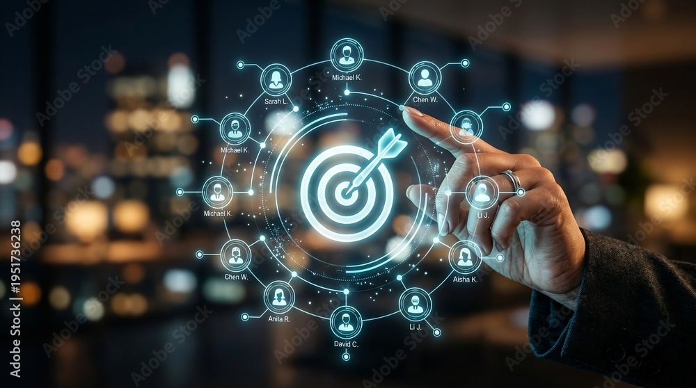 Fototapeta premium Digital marketing target icon with customer network, business strategy goal achievement, futuristic data analytics interface in office