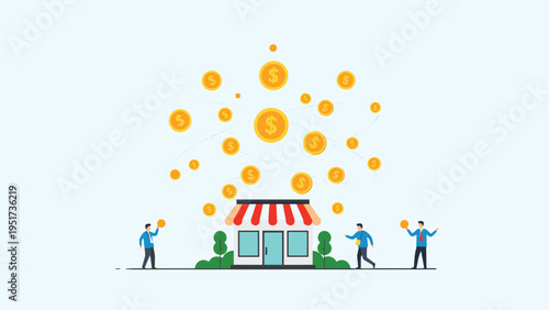 Small retail shop building surrounded by falling golden dollar coins representing high sales revenue and business profitability.