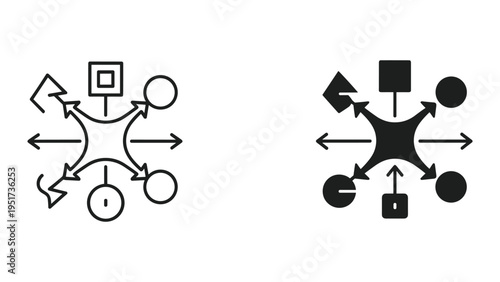 Network Diagram Icons: Abstract Flowchart Shapes and Arrows, Central Hub Concept