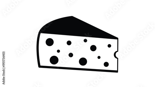 simple black and white silhouette of a slice of emmental cheese with characteristic holes representing a popular dairy product and food item.