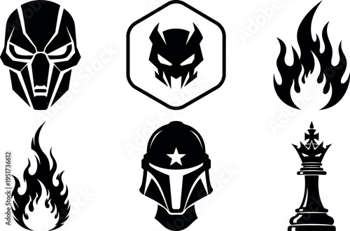 Collection of futuristic masks flames and chess pieces design isolated illustration