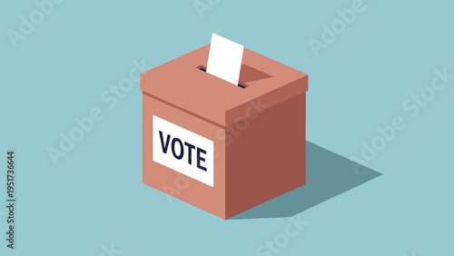 Simple 3D isometric illustration of a brown ballot box with a white paper vote being cast into the top slot on a blue background.