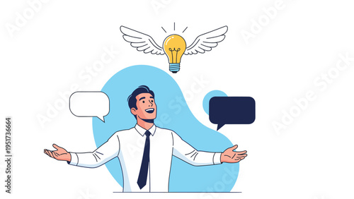 Man with open arms looking up at a winged lightbulb flying in the sky, representing creative freedom and innovative business ideas.