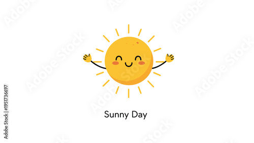 happy cartoon sun character with a smiling face blushing cheeks and waving arms on a clean light background for a positive design.