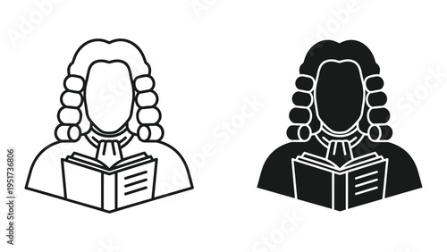 Judge Or Lawyer In Wig Reading Law Book Icon Vector Silhouette and Outline Illustration