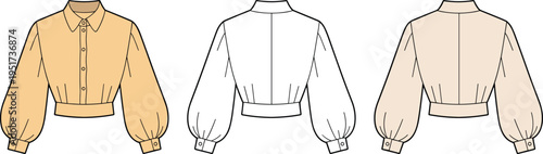 Women cropped button up blouse technical fashion illustration front and back views, puff sleeve design, elegant apparel template, minimalist clothing mockup isolated on white