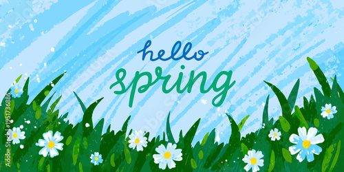 A vibrant illustration welcomes spring with flowers grass and a blue sky