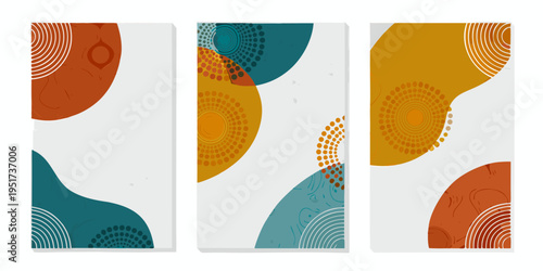 Abstract geometric wall art with circular and organic shapes in warm tones