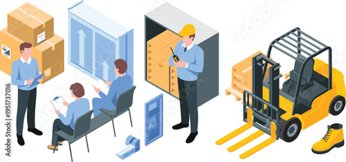 Isometric warehouse operations with forklift, storage containers, inventory control, worker training, logistics management and industrial safety illustration concept scene