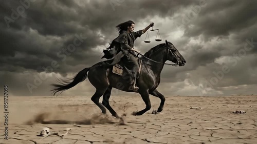 Man representing famine of apocalypse riding black horse with scale through desert. Biblical end of world theme with rider carrying balance beam in wasteland.