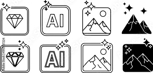Artificial intelligence and generative AI icon collection with sparkle symbols, showing image creation, editing, enhancement and photo tools in outline style for web and mobile apps eps