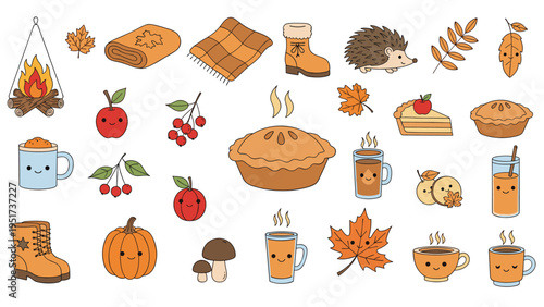 Collection of cute autumn seasonal icons including cozy blankets, fall leaves, pumpkins, and warm beverages on a white background for design.