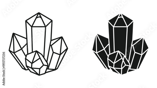 Geometric Crystal Cluster Icon Set - Line Art and Silhouette Design
