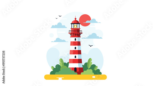 Traditional red and white striped lighthouse stands on a small island surrounded by bushes under a red sun and clouds.