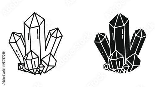 Crystal Cluster Icon Set: Outline and Silhouette of Geode Quartz Gemstones