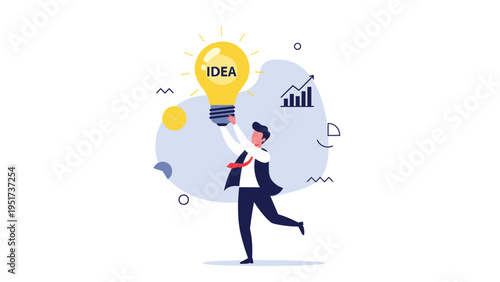 Excited businessman in a suit carries a giant glowing lightbulb representing a bright new business idea or innovation.