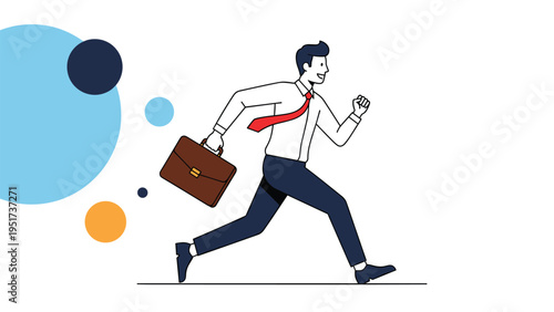 Motivated businessman in a suit running with a brown briefcase against a background of abstract blue and orange circles.
