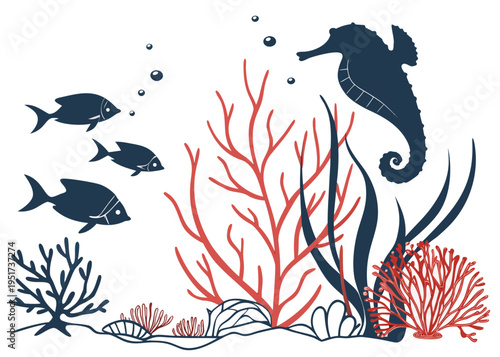 sea animals, fish, algae set silhouette ,on white background, vector
