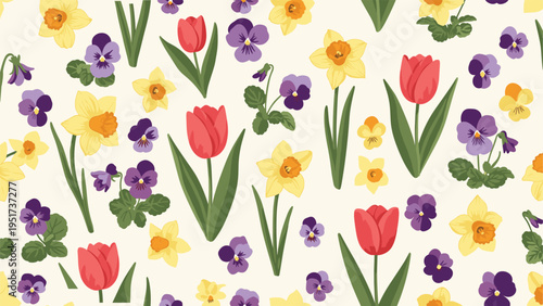 Beautiful floral seamless pattern featuring colorful tulips, narcissus, and pansy flowers on a light cream background for wallpaper or fabric.