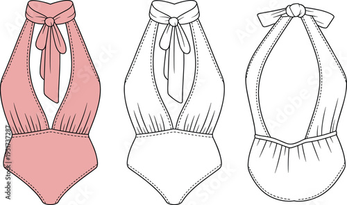 Women halter swimsuit technical fashion illustration front and back views, tie neck bow detail, deep neckline design, summer beachwear apparel template, minimalist clothing mockup