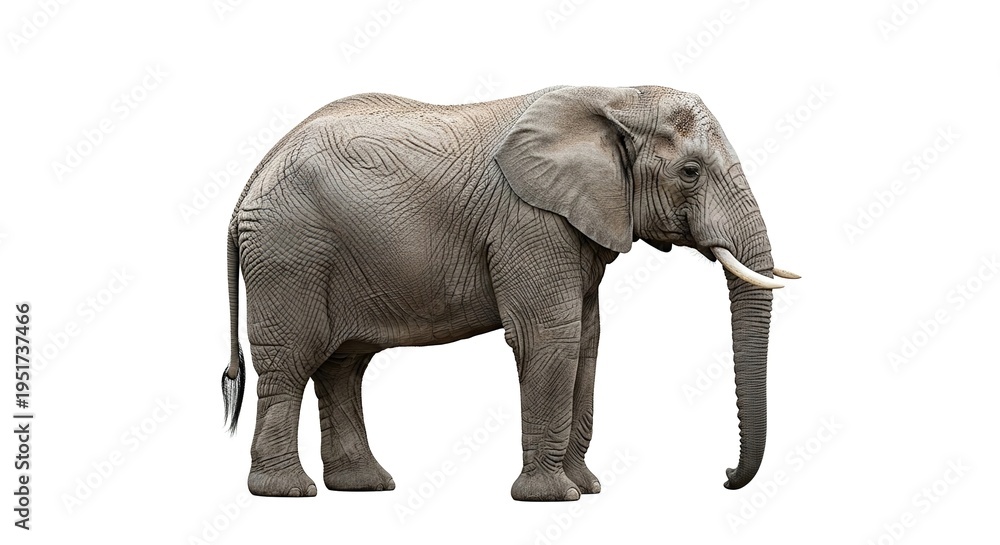 Obraz premium A large gray elephant stands alone on a white background