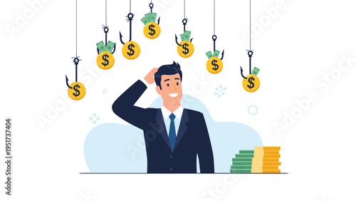 Confused businessman looks up at multiple fishing hooks baited with money as he considers various financial opportunities.