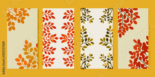 Four panels displaying autumnal leafy branches in varying shades