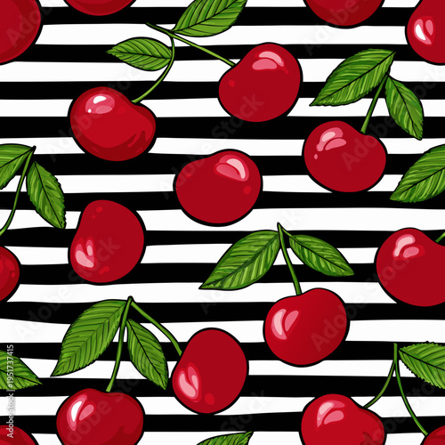 Seamless pattern of vibrant red cherries with green leaves on stripes