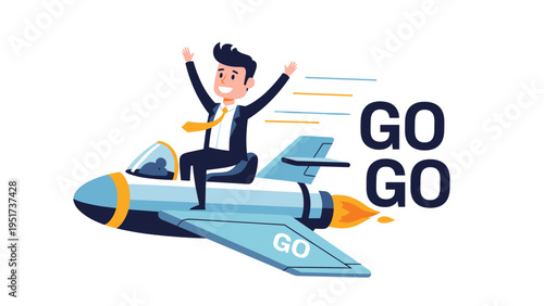 Successful businessman flying on a blue rocket with go text indicating fast career growth and business progress.