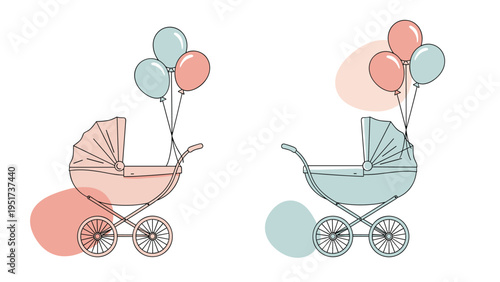 Two vintage baby strollers in pink and blue colors with floating balloons used for gender reveal or baby shower announcements and invitations.